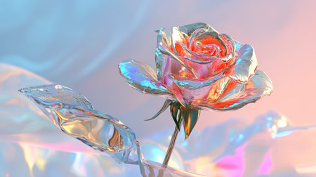 A stunning iridescent rose radiates beauty with colorful reflections against a soft background, perfect for illustrating themes of nature, romance, and creativity.の素材