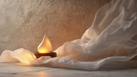 A calm and serene composition featuring a warm glowing light on a soft draped fabric, perfect for creating a peaceful ambiance in any indoor space.の素材