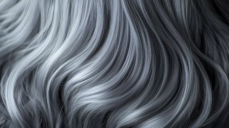 Close-up image of wavy gray hair featuring silky texture and natural shine, perfect for beauty and fashion projects focused on haircare and styling trends.の素材
