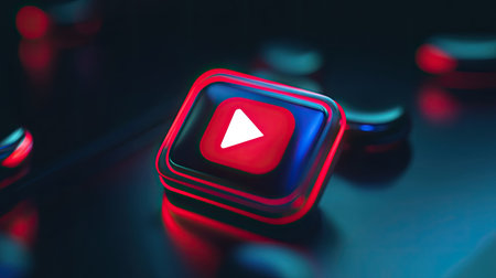 A vibrant YouTube icon featuring a play button illuminates against a dark background, symbolizing digital media and online video streaming. Perfect for tech or media themes.の素材