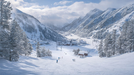 Majestic winter mountain view features snow-covered slopes, tall trees, and a scenic valley. Perfect for winter sports enthusiasts and nature lovers.の素材