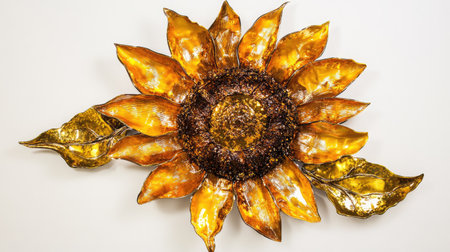Stunning sunflower sculpture crafted from metal, featuring golden leaves and intricate details. Perfect for enhancing modern home decor with a touch of elegance.の素材