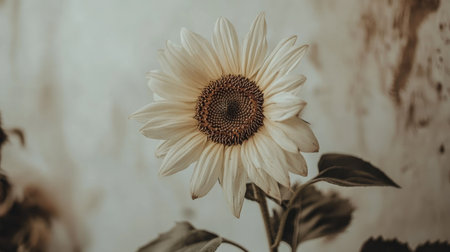 A captivating close-up of a sunflower highlighting its delicate petals and intricate center, set against a soft, muted background, evoking calmness.の素材