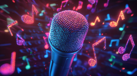 Dynamic microphone with vibrant music notes and colorful lights create a lively atmosphere, perfect for themes of performance, entertainment, and celebration.の素材