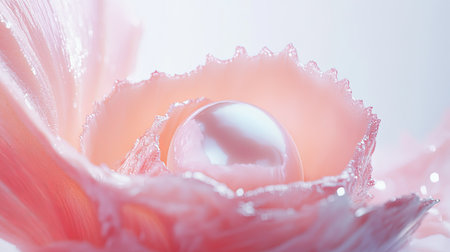 A close-up of a soft pink flower featuring a glossy pearl at its center, exuding elegance and beauty in gentle light, perfect for decorative purposes.の素材