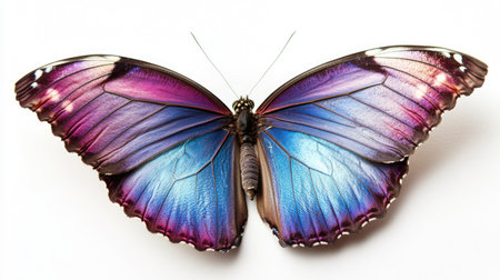 This stunning close-up captures a vividly colored butterfly showcasing intricate wing patterns in mesmerizing shades of blue and purple against a neutral background.の素材