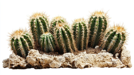 A beautiful arrangement of spiky cacti with vibrant green colors set against a white background. Ideal for nature enthusiasts and gardeners.の素材