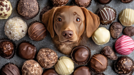 A charming brown dog gazes at an array of assorted chocolates and sweets from above. This delightful composition captures the playful and heartwarming bond between pets and treats, perfect for food and animal enthusiasts.の素材