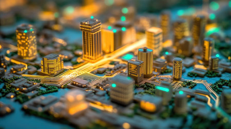 A detailed miniature city model showcasing illuminated buildings and urban features. Ideal for discussions on architecture, urban planning, and design innovation.の素材