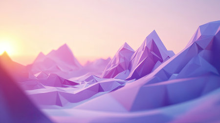 This abstract low poly mountain landscape features a gentle color palette of purple and pink, creating a serene and modern visual experience. Ideal for creative projects.の素材