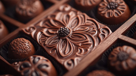 This close-up image showcases an exquisite box of handcrafted chocolates featuring elegant floral designs, perfect for gifting or indulgence during special occasions.の素材