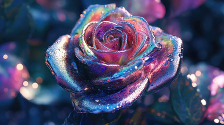 This stunning closeup of an iridescent rose showcases vibrant colors and water droplets, creating a magical representation of natural beauty perfect for any floral design theme.の素材