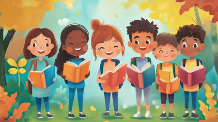 A vibrant illustration of a diverse group of children joyfully reading books in an autumn park, surrounded by colorful trees, capturing the essence of friendship and learning.の素材