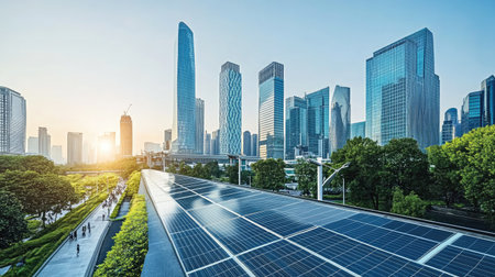 This image showcases a vibrant city skyline at sunrise, featuring solar panels in the foreground, emphasizing urban sustainability and renewable energy solutions.の素材
