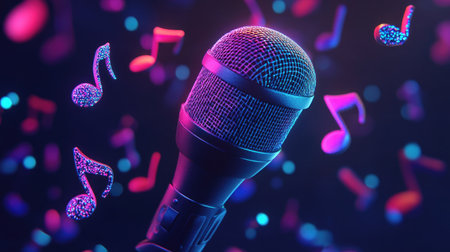 A colorful microphone stands amidst floating musical notes, creating an energetic and vibrant atmosphere ideal for music events, performances, and creative projects.の素材