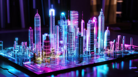 A stunning futuristic cityscape model featuring vibrant neon lights and sleek buildings. The glowing structure demonstrates innovation in urban design and technology.の素材