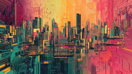 A vibrant and abstract representation of a futuristic cityscape filled with cybernetic elements and bright colors, showcasing innovation and modern architecture.の素材
