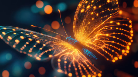 A captivating glowing butterfly with intricate wings illuminates an abstract background filled with vibrant colors, creating a magical and serene atmosphere.の素材