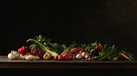 A stunning arrangement of fresh vegetables on a rustic wooden table, showcasing an array of colors and textures perfect for healthy cooking and meal preparation.の素材