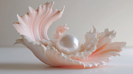 A stunning pink shell cradles a lustrous pearl, creating a captivating still life composition. Perfect for themes of elegance and nature in design.の素材