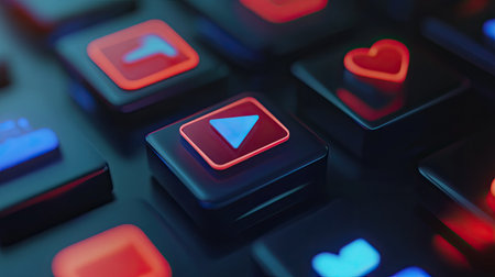 This close-up image showcases a vibrant play button alongside social media icons on a sleek keyboard, representing modern digital interaction and multimedia engagement.の素材