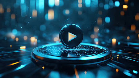 A glowing play button set on a futuristic, data-driven background, filled with vibrant blue light and digital elements, perfect for media and technology themes.の素材