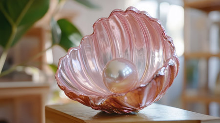A stunning pink shell bowl featuring a lustrous pearl, beautifully displayed in soft natural light, creating a tranquil and elegant ambiance perfect for home decor.の素材