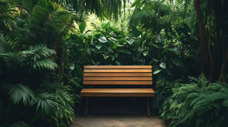 A serene wooden bench placed amidst lush tropical foliage, creating a perfect spot for relaxation and reflection in nature's beauty. Ideal for wellness imagery.の素材