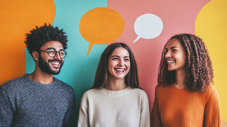 Three diverse friends share joyful laughter in front of a vibrant, colorful wall. Their happiness and playful connection highlight the essence of friendship and unity.の素材