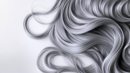A close-up view of silky, flowing gray hair texture against a simple white background, ideal for beauty, fashion, and hair styling inspiration.の素材