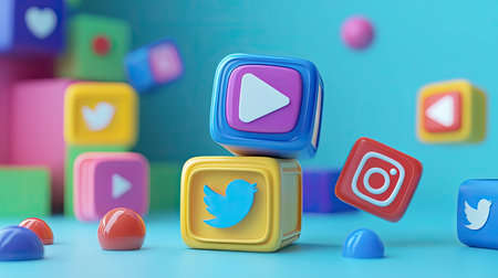 Vibrant social media icons placed on playful blocks against a bright blue background, showcasing the essence of digital communication and modern marketing.の素材