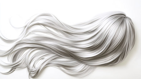 A stunning display of long, silky silver hair rests against a clean white background, showcasing elegant texture and beauty suitable for fashion or beauty themes.の素材