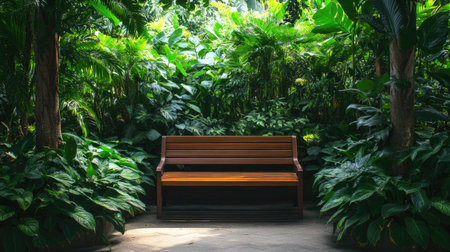 A peaceful wooden bench nestled among vibrant tropical plants, creating a serene escape. Ideal for relaxation and enjoying the beauty of nature.の素材