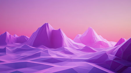 A stunning abstract landscape featuring geometric mountains in soft purple tones under a calming sunset. Ideal for artistic and design projects.の素材