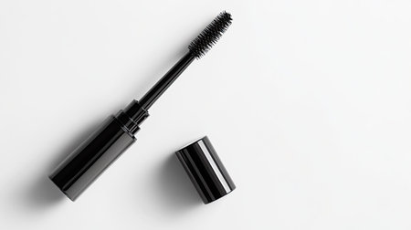 A sleek black mascara tube with a wand resting beside it, set against a clean white background. Ideal for beauty, makeup, and cosmetic themes.の素材