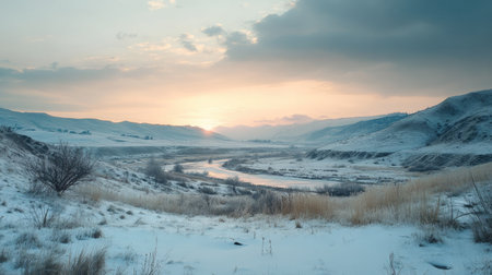 A breathtaking winter landscape showcasing a snowy valley with a calm river flowing under a beautiful sunset, creating a serene atmosphere in nature.の素材
