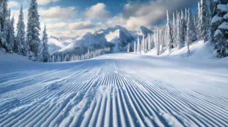 A breathtaking winter landscape showcasing snow-covered mountains and tall pine trees under a dramatic sky. The scene conveys tranquility and natural beauty.の素材