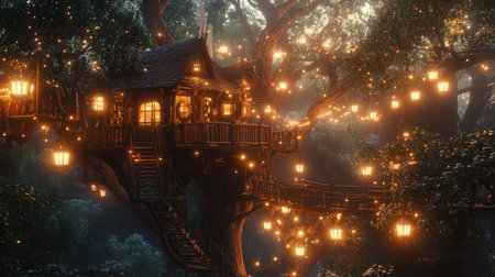 An enchanting treehouse nestled among towering trees, adorned with glowing lanterns that illuminate the surrounding forest at dusk, creating a magical atmosphere.の素材