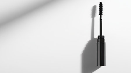 A close-up image of a sleek black mascara tube with an applicator wand. The minimalist composition highlights the elegance and simplicity of beauty products.の素材