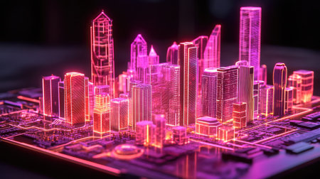 A stunning futuristic cityscape featuring glowing neon lights and advanced digital elements, representing innovation and modern urban design in a vibrant environment.の素材
