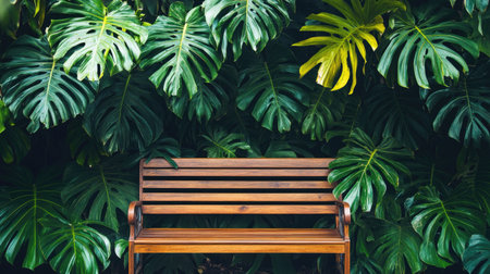 A cozy wooden bench sits elegantly amidst lush tropical green leaves, creating a peaceful outdoor atmosphere perfect for relaxation and reflection.の素材