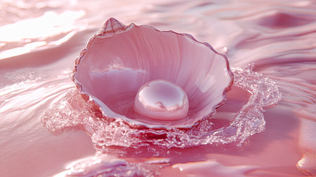 A stunning pink shell cradles a radiant pearl on a smooth water surface, creating a tranquil and elegant atmosphere. Perfect for nature and beauty themes.の素材
