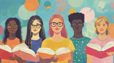 A vibrant illustration of five diverse young readers holding books, representing teamwork, creativity, and learning in an engaging and colorful setting.の素材
