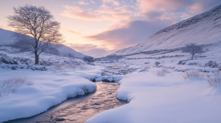 A tranquil winter landscape featuring a snow-covered river flowing gently through hills, accompanied by bare trees under a colorful sunset sky.の素材