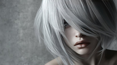 This stunning portrait captures a woman with silvery hair and an intense gaze. The minimalistic background emphasizes her delicate features and artistic expression, celebrating beauty in simplicity.の素材