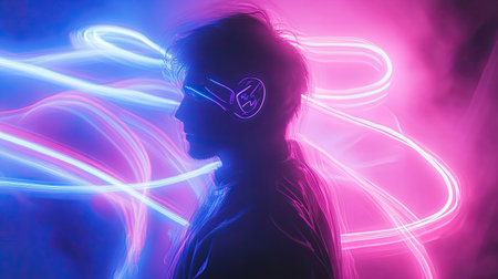 Capturing the essence of music and creativity, this image features a man in silhouette with headphones, surrounded by vivid neon lights in blue and pink hues.の素材