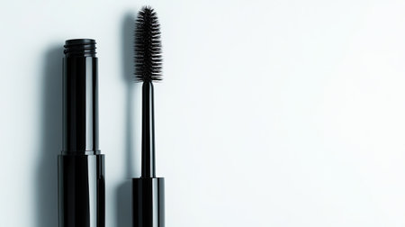 A striking black mascara tube and brush elegantly positioned against a light background, emphasizing beauty and style in cosmetics. Perfect for personal care themes.の素材