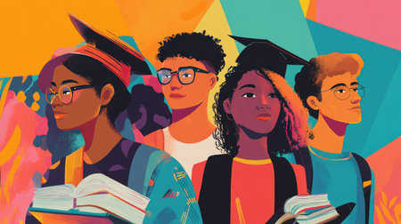 A vibrant illustration showcasing a diverse group of graduates celebrating their academic achievement, each representing unique backgrounds and aspirations.の素材