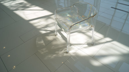 A stunning clear acrylic chair sits elegantly on a modern floor, bathed in soft light and captivating shadows. Ideal for minimalist spaces.の素材