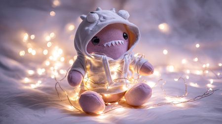 A delightful plush toy dressed in a cozy hoodie, elegantly entwined in soft fairy lights, creating a warm and whimsical atmosphere perfect for any space.の素材